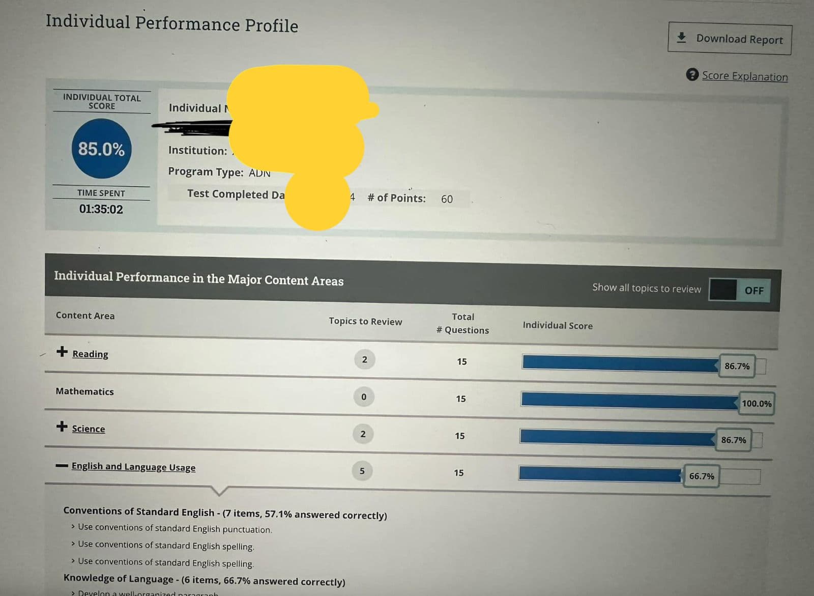 TEAS Exam Result 85