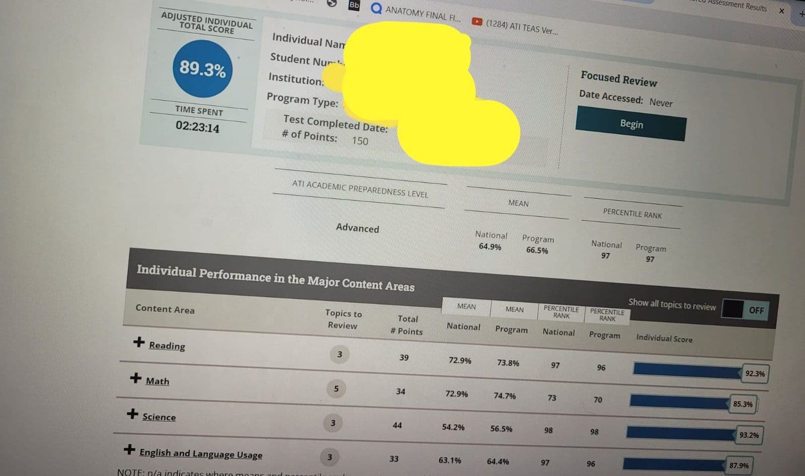 TEAS Exam Result 89