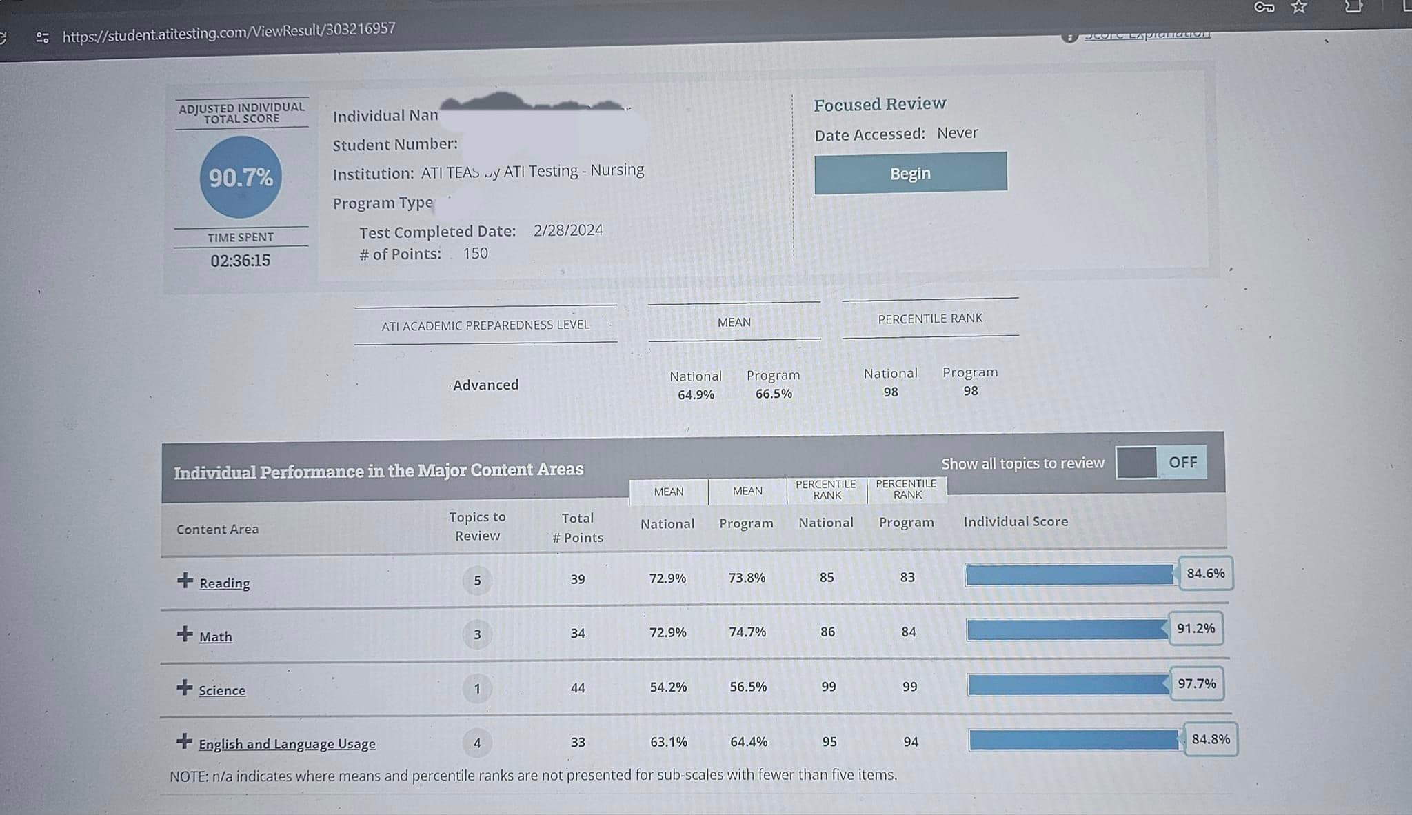 TEAS Exam Result 90